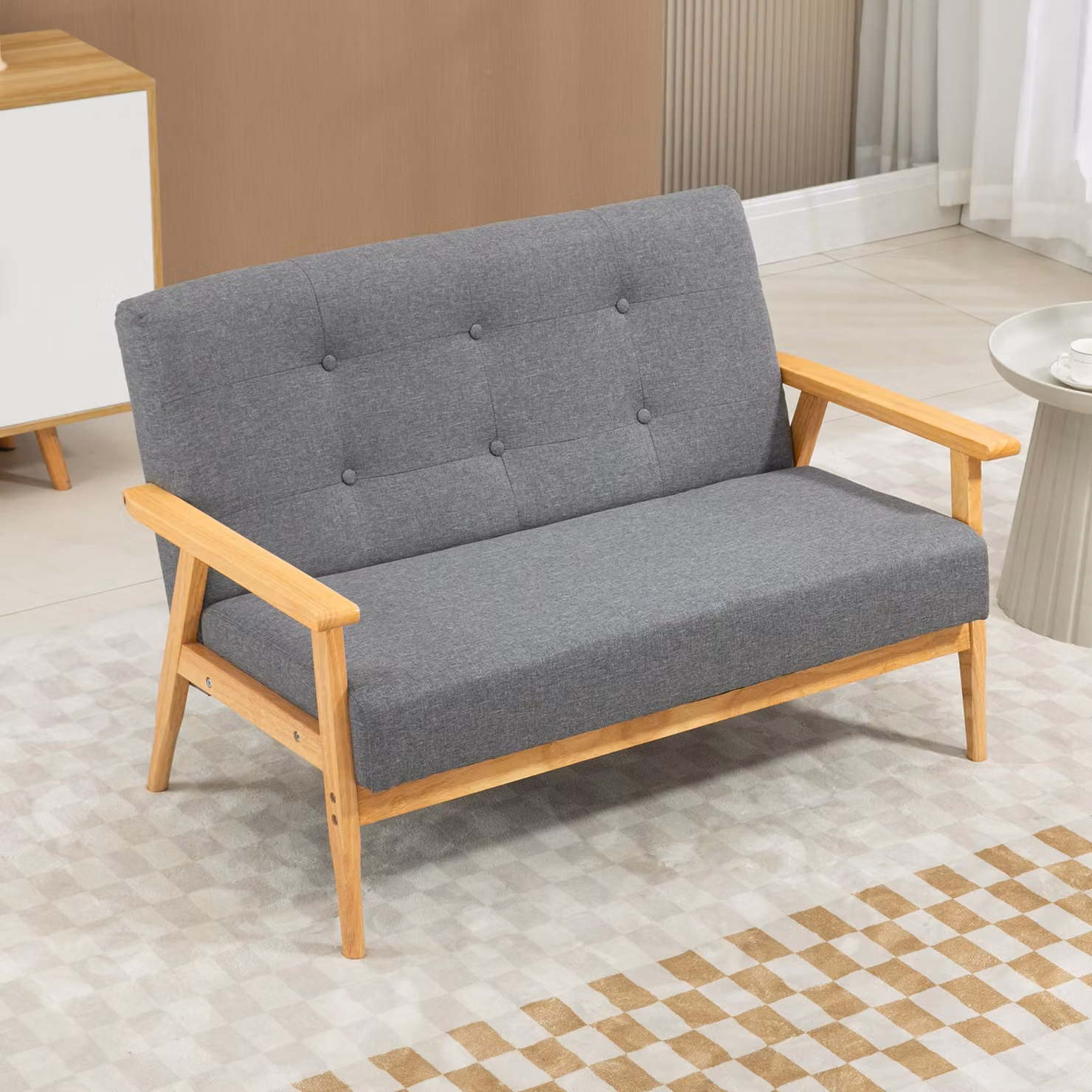 HOMCOM Modern 2-Seater Click Clack Sofa with Grey Fabric Upholstery and Solid Rubberwood Frame – 2