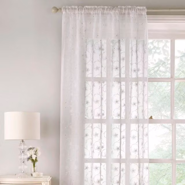 Terrys White Floral Single Voile Fabric Panel Curtain with Rod Pocket