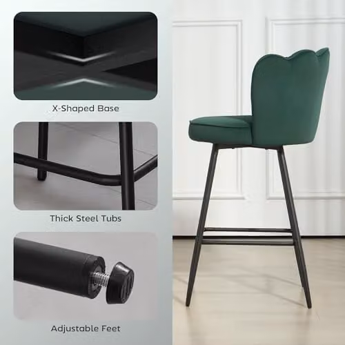 HOMCOM Set of 2 Velvet Bar Stools with Petal Backrest in Green – 5