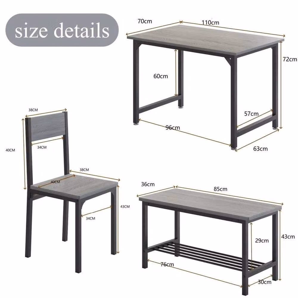 VOGREX Grey 4-Piece Dining Set with Rectangular MDF Table, Bench and Chairs – 2