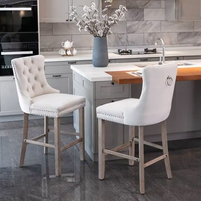 Modern Home Touch Romsey Set of 2 Beige Velvet Bar Stools with Oak Legs