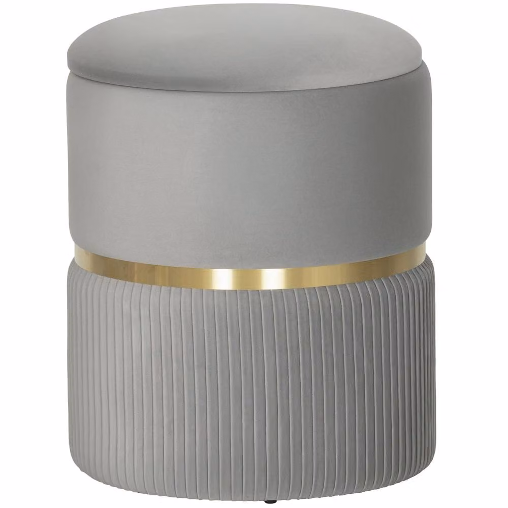 Wyld Haus Rivera Ribbed Velvet Storage Ottoman in Light Grey with Gold Accents – 2