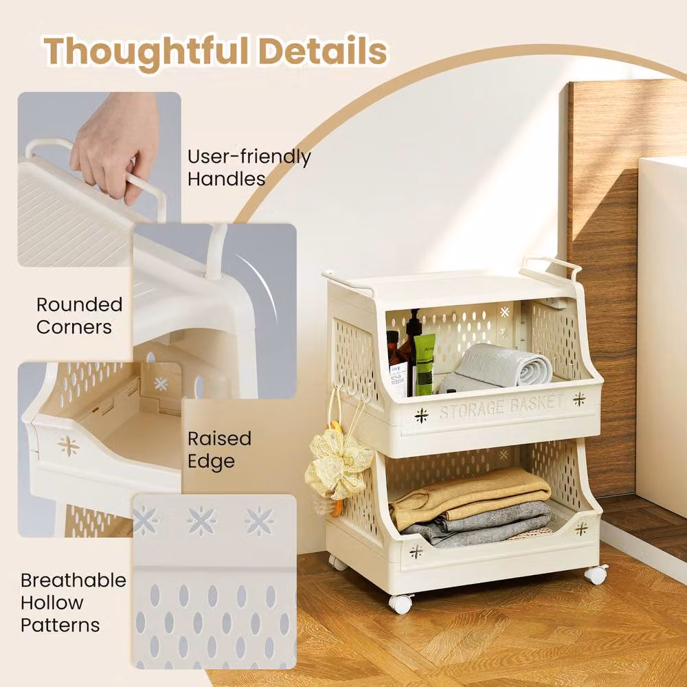 Gymax 3-Tier Stackable Rolling Laundry Basket and Dirty Clothes Organiser Cart with Wheels in Beige – 3