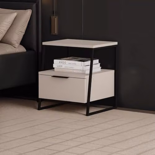 FWStyle Sandstone 1 Drawer Bedside Table with Black Metal Frame in Beige, Height: 50 cm, Width: 45 cm, Depth: 40.9 cm