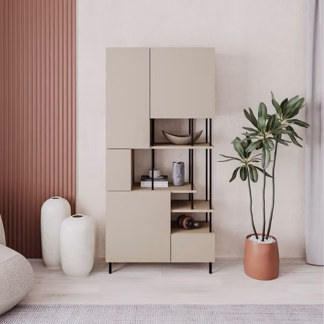 Decortie Modern 5-Door Bookcase Cabinet with Open Shelves in Black, Grey and Beige