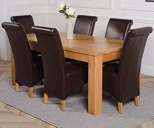 Thats Furniture Dakota Oak Dining Table and 6 Montana Brown Leather Chairs Set, W: 182 cm, D: 92 cm, H: 77 cm – 1