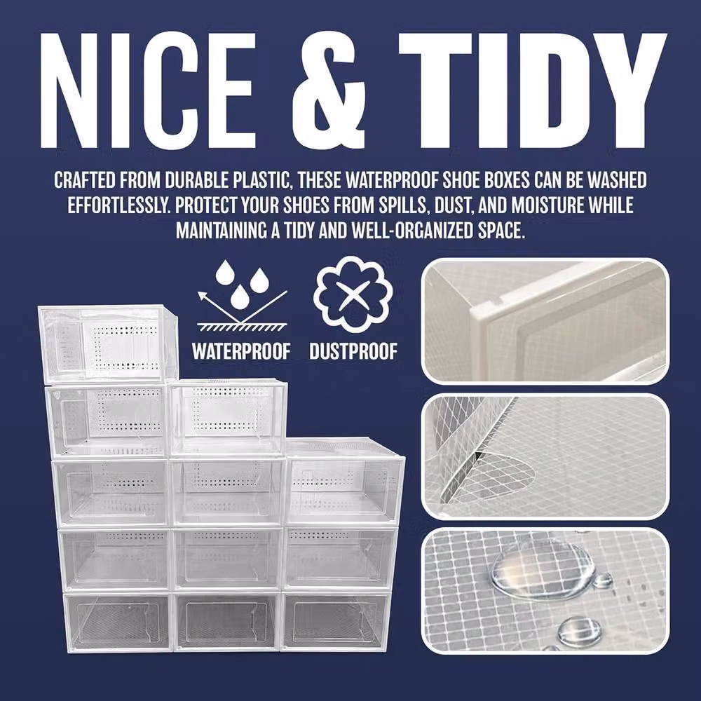 BARGAINS-GALORE 12-Piece Stackable and Foldable Clear Plastic Large Shoe Organiser Boxes – 7