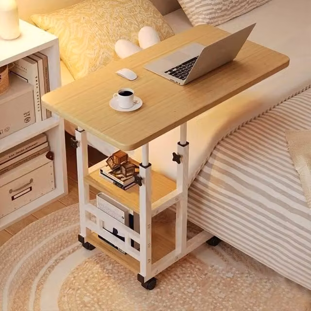 EONLION Foldable Mobile Over Bed Table in Natural Sand with Height Adjustable Top – 1