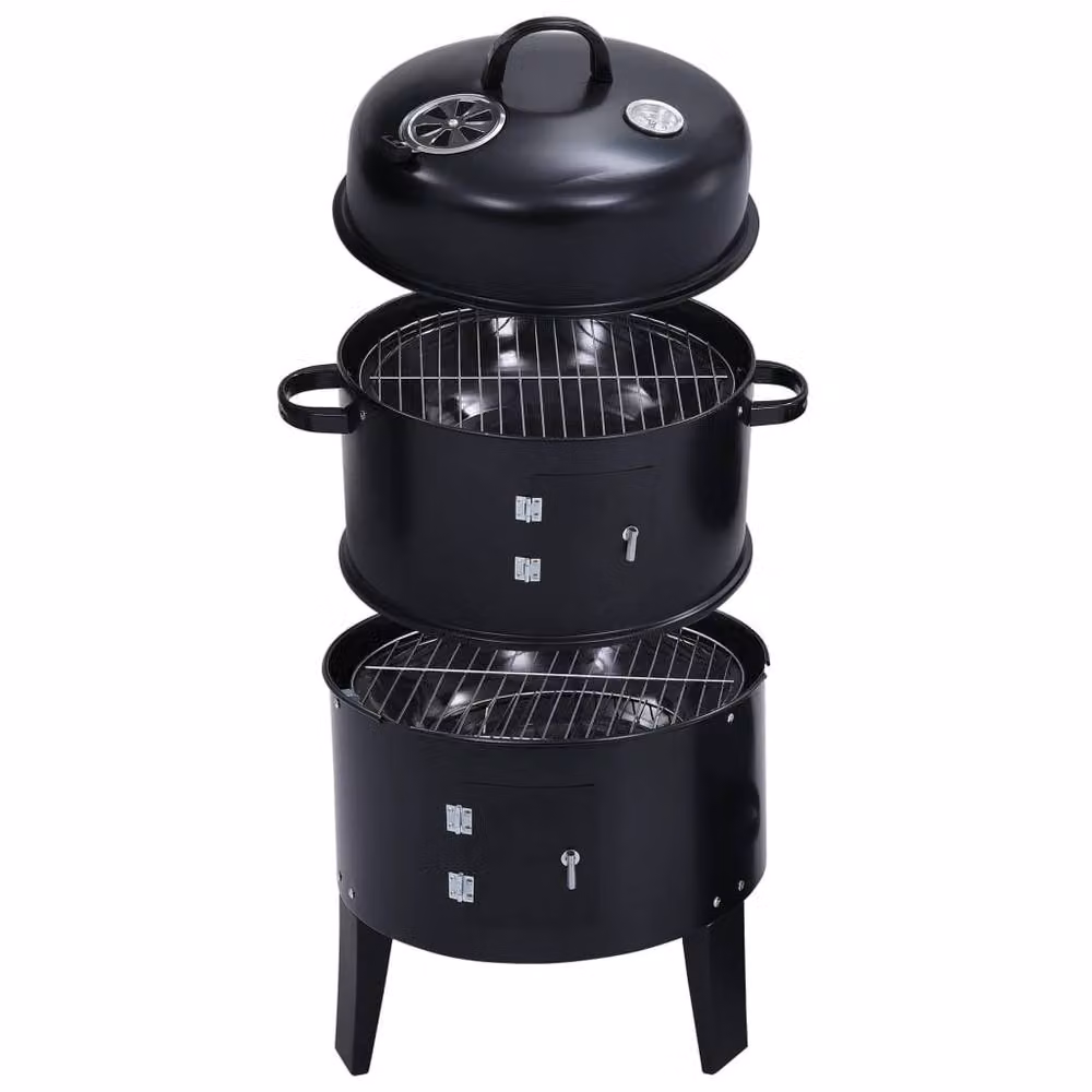 Berkfield Home 3-in-1 Charcoal Smoker BBQ Grill with Thermometer, Black, W/D/H: 80 x 40 x 40 cm – 2