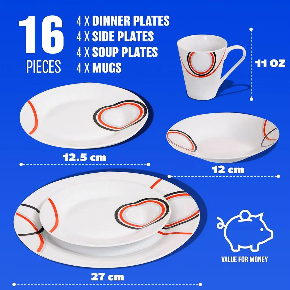 BARGAINS-GALORE 16 Piece Porcelain and Stoneware Dinner Set in Red, Black and White Patterns – 3