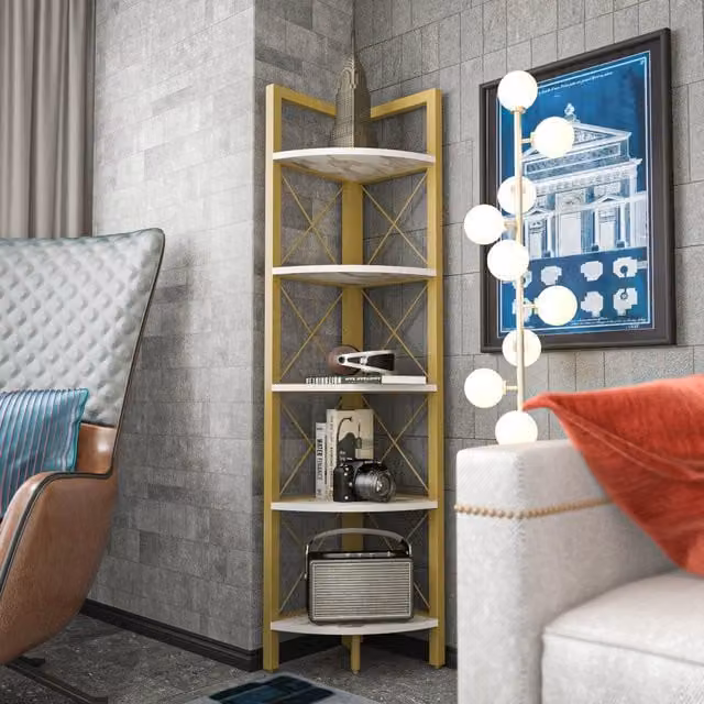 Decorotika Remo 5-Tier Modern Corner Bookshelf in Gold and White – 1