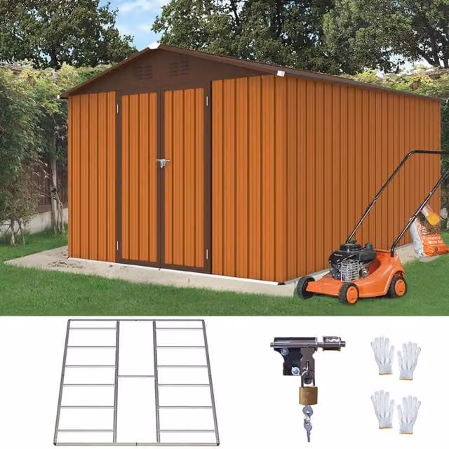 BIRCHTREE Metal Garden Shed with Double Doors in Yellow and Brown