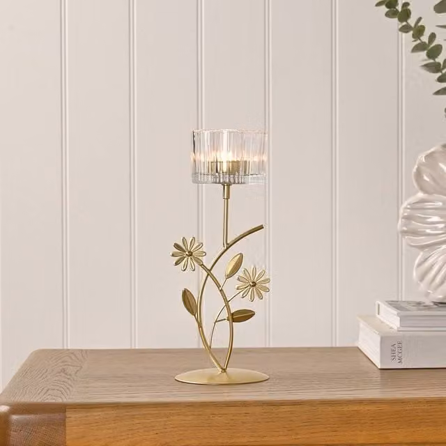 Hestia Gold Floral Single Candle Holder for Taper or Tealight Candles