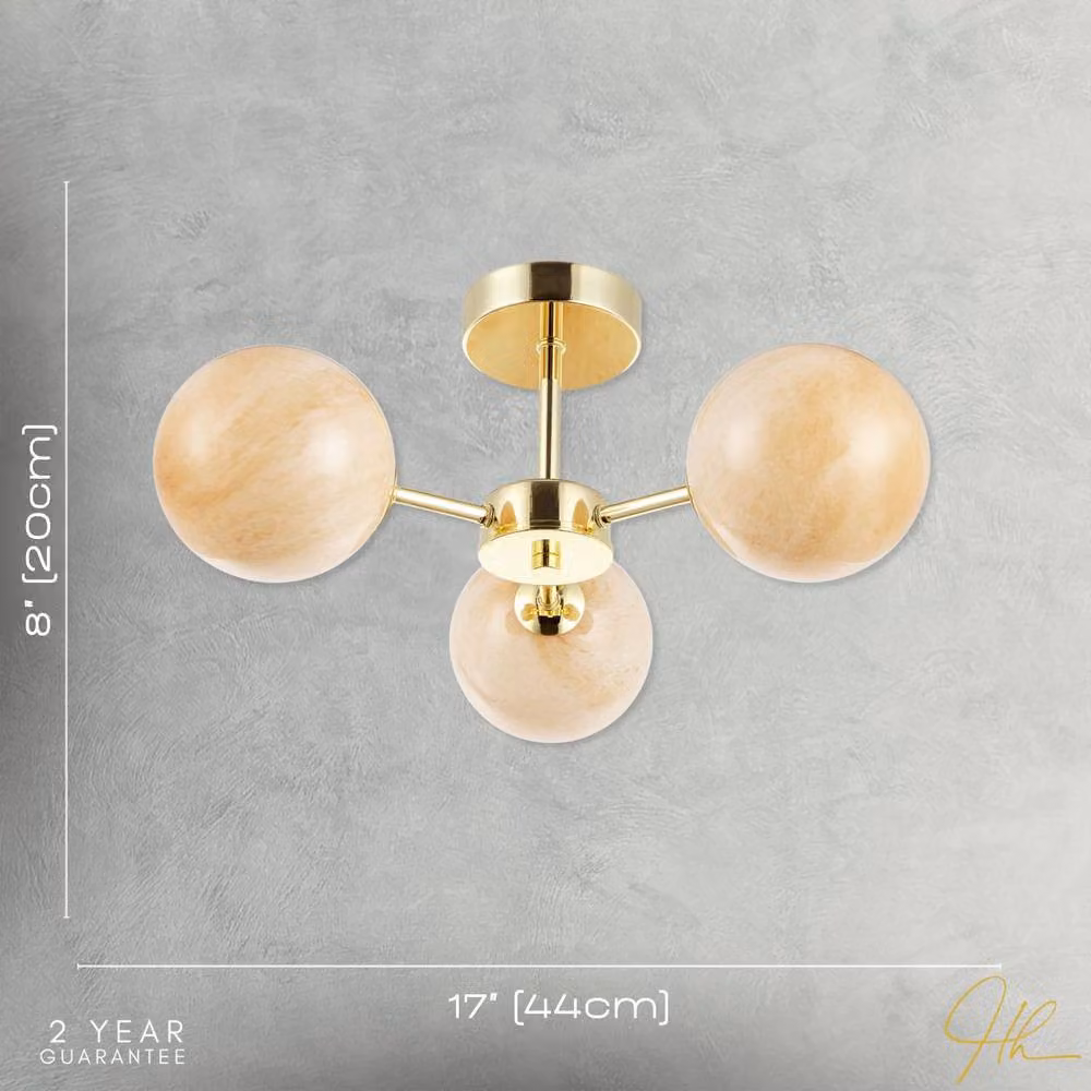 Happy Homewares Designer Ceiling Light Fitting with Gold/Brass Metal and Beige Marble Glass Spherical Shades – 3