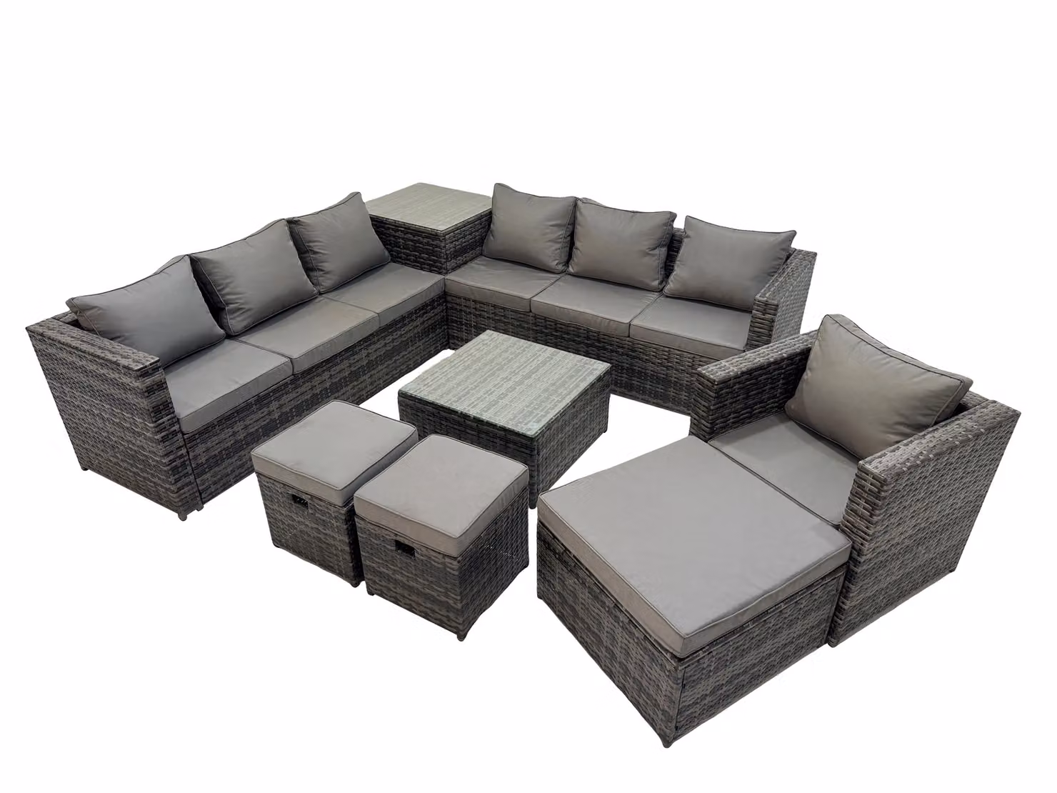 Fimous 10 Seater L-Shape Garden Rattan Furniture Set in Dark Grey with Upholstered Cushions, Coffee Table and Ottoman – 2