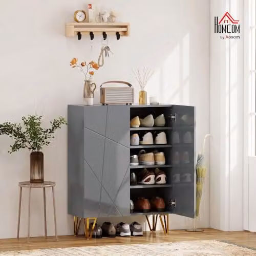 HOMCOM Modern Grey High Gloss Narrow Shoe Cabinet with Soft Close Hinged Doors, W/D/H: 72 x 31.5 x 95 cm – 2