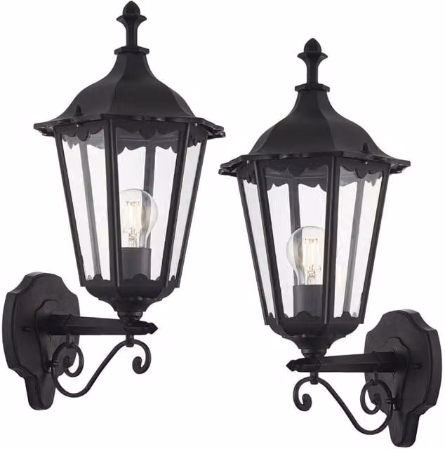 Loops 2 Pack IP44 Outdoor Wall Lanterns in Matt Black and Transparent Glass, Dimmable LED Classic Design