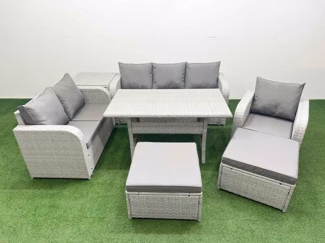 Fimous Patio 8 Seater Grey PE Wicker Rattan Outdoor Furniture Set with Rectangular Dining Table, Reclining Chairs, Loveseat and 3 Seater Sofa