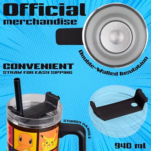 Pokemon Insulated Travel Mug with Straw and Handle, Black and Multicolour, 940ml – 5