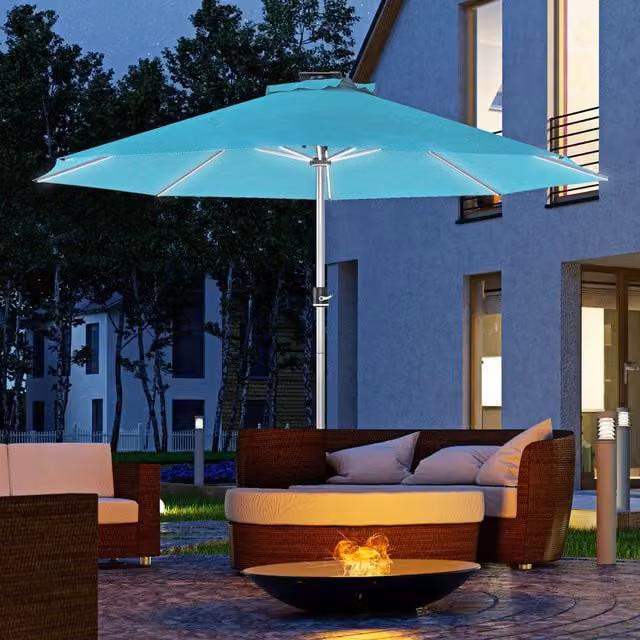 Outsunny Patio Parasol Umbrella with Solar Lights in Light Blue