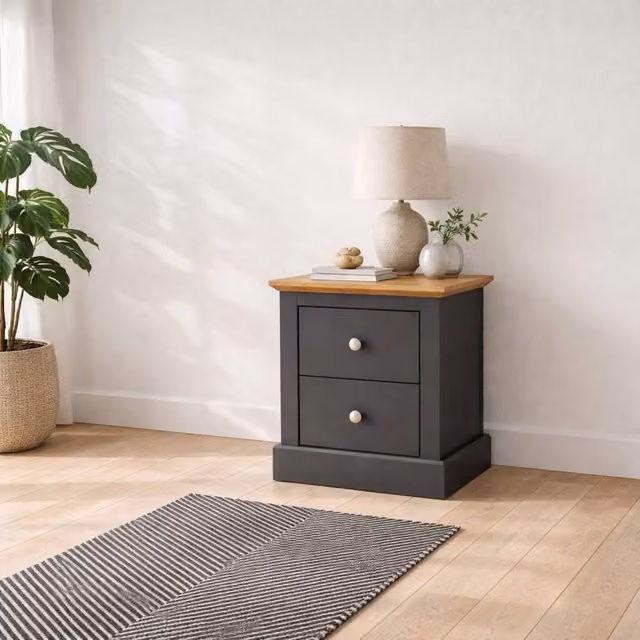 Wyld Haus Ardee 2 Drawer Bedside Cabinet in Dark Grey with Natural Oak Top – 1