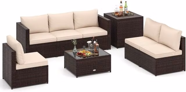 Gymax 8-Piece Brown and Beige Polyrattan L-Shape Sectional Sofa Set with Outdoor Coffee Table and Upholstered Cushions – 1