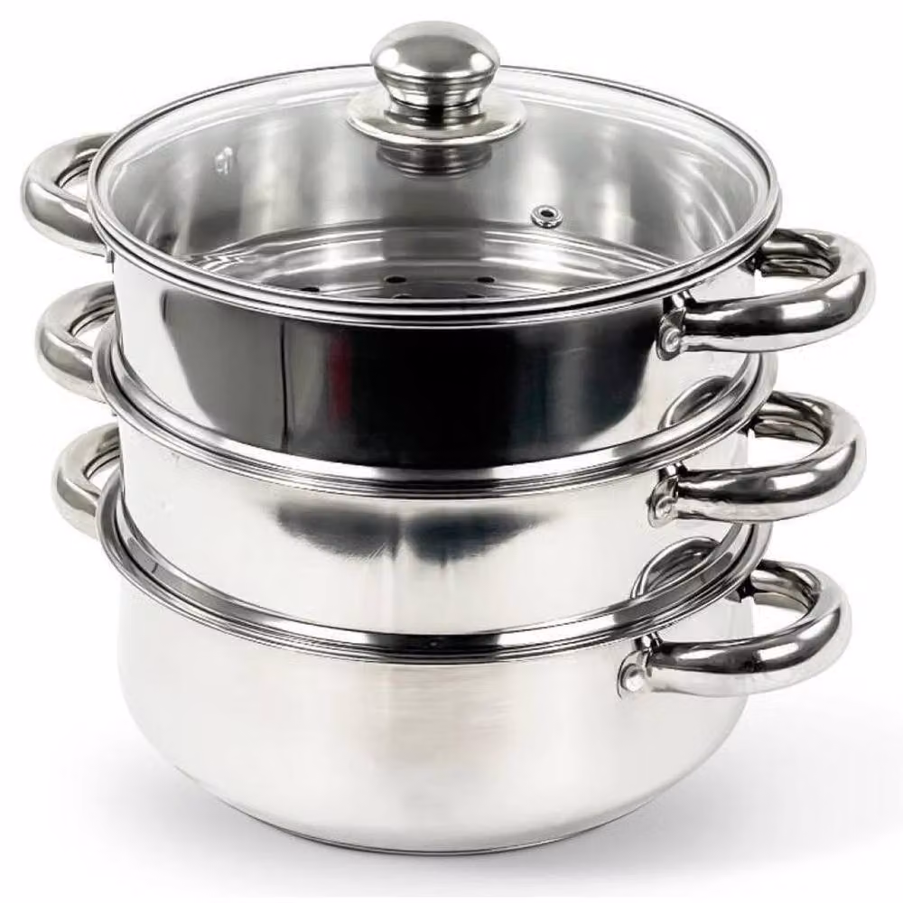 VOGREX 3 Tier Stainless Steel Steamer Pot with Glass Lid, Silver, 28 cm – 3
