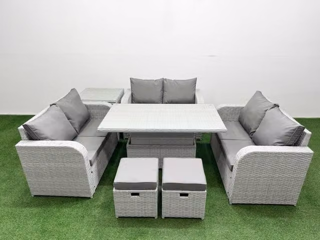 Fimous 8 Seater PE Wicker Rattan Garden Furniture Set in Light Grey with Adjustable Lifting Dining or Coffee Table, 2 Seater Love Sofa and 2 Stool Side Tables