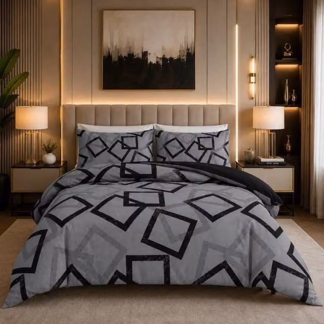 Pamposh Luxury Reversible Microfibre Duvet Cover Set in Grey, Black and Gold, Single, 90 x 200 cm – 1