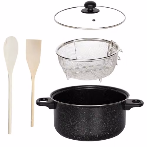 Almineez 5pc Black Non Stick Chip Pan Set with Frying Basket, Pot and Glass Lid, 2l, 24cm – 1