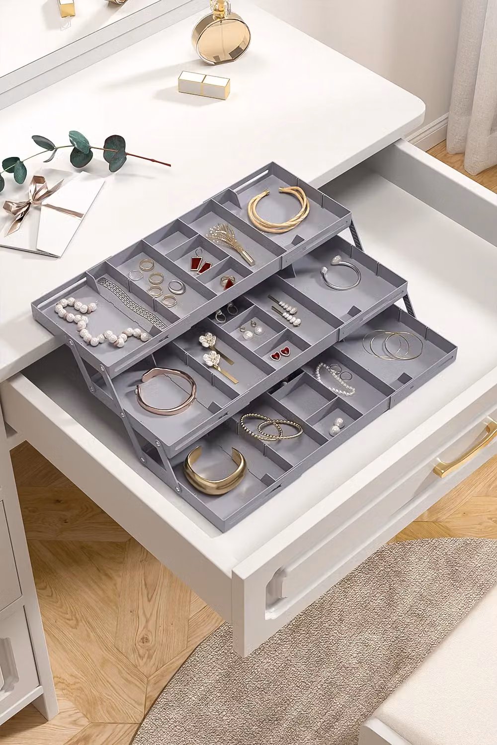 Living and Home Versatile Expandable Multi-tier Cutlery and Kitchenware Organiser Tray in Grey – 2
