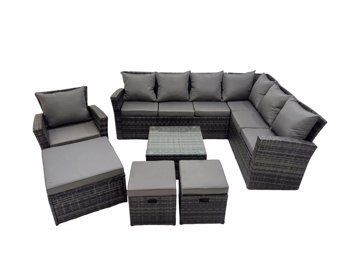 Fimous 10 Seater L-Shape Garden Sofa Set with Coffee Table and 3 Footstools in Dark Grey – 2