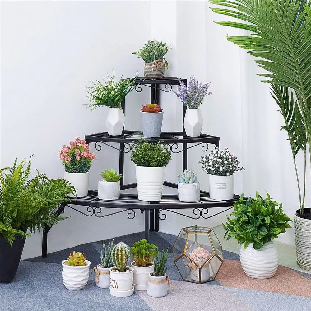 Kelvenix 3 Tier Black Matt Metal Corner Plant Stand and Step Shelf for Garden, Balcony or Terrace – 2