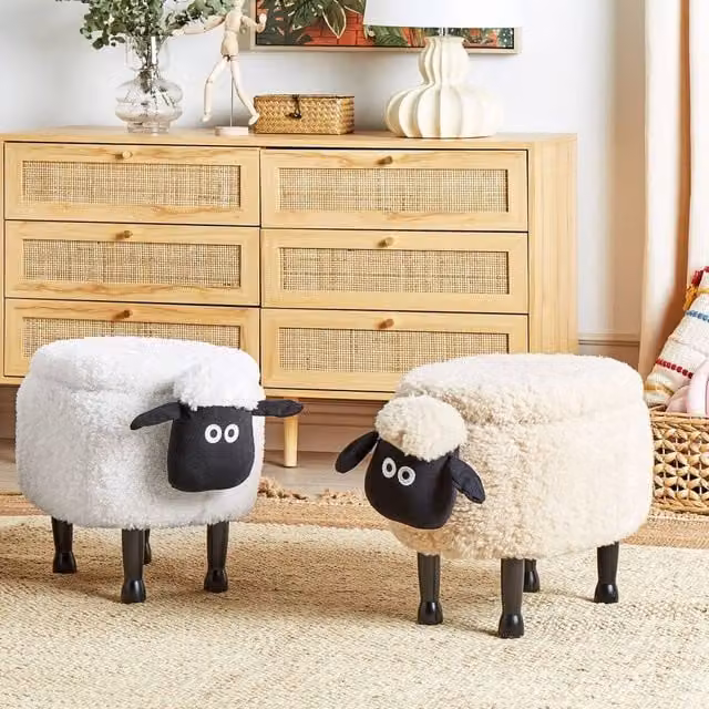 Wyld and Coco Kids Sheep Footstool with Storage in White Faux Fur with Rubberwood Legs – 1