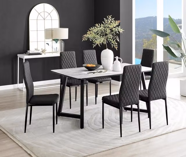 FurnitureboxUK Carson White Marble Effect Dining Table and 6 Milan Black Leg Chairs – 1
