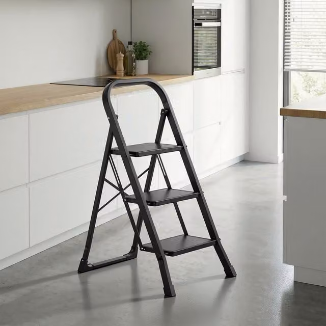 SONGMICS 3 Tier Folding Steel Step Ladder in Black