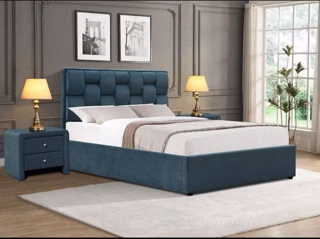 Comfy Living Ltd Plush Velvet Upholstered Double Bedframe in Blue, W/D/H: 140 x 200 x 110 cm