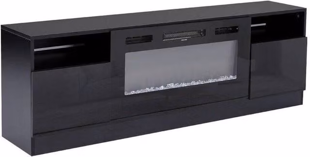 FORGEVIO Black High Gloss 70 inch Modern TV Stand Unit Cabinet with Integrated Electric Fireplace and Lighting – 1