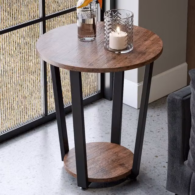 Livingandhome Industrial Style 2 Tier Round Wood and Metal Side Coffee Table in Brown
