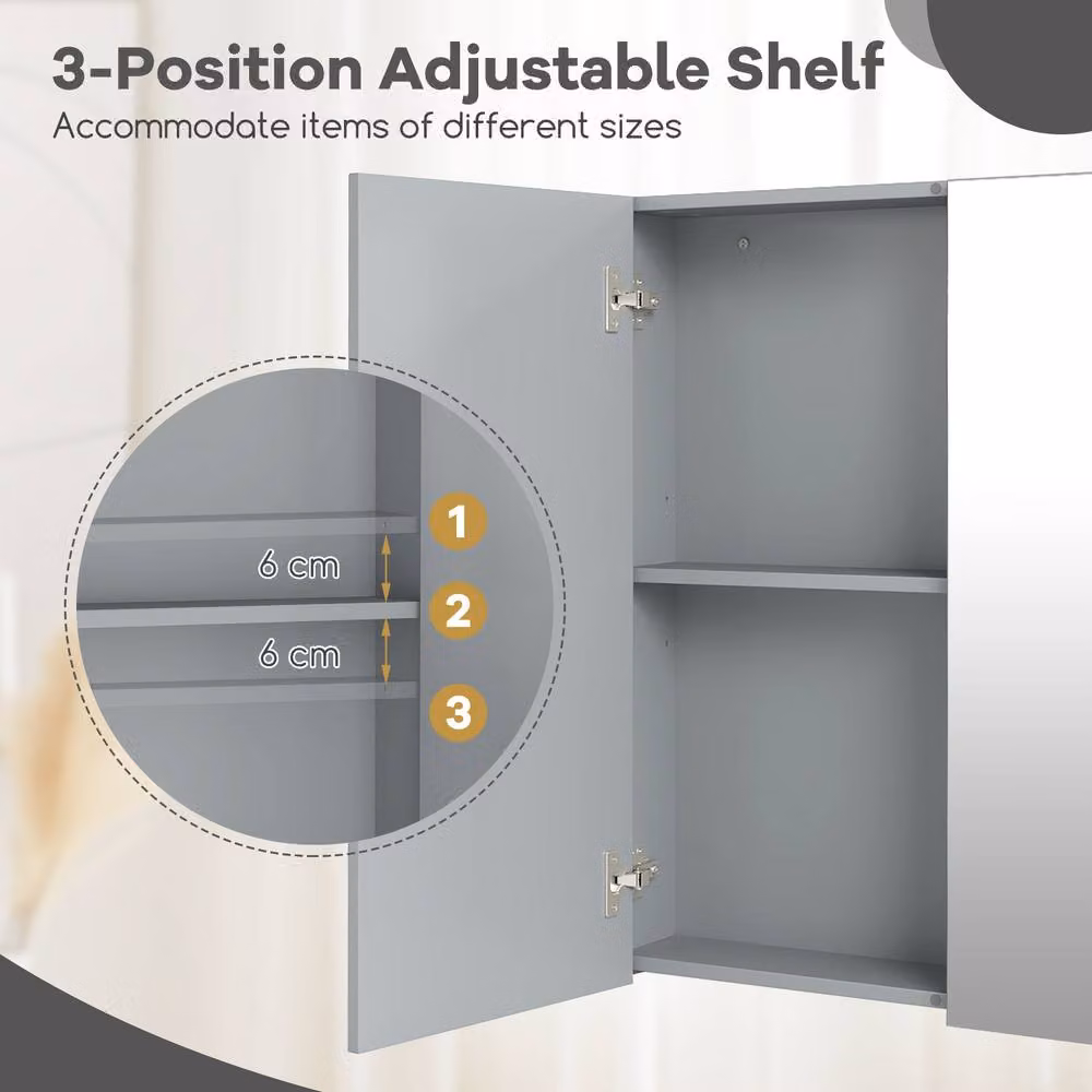 Costway Grey Wall Mounted Bathroom Storage Cupboard with Mirror and Internal Shelves – 4
