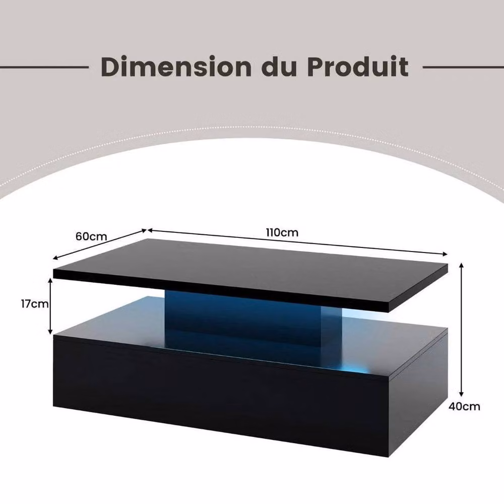 FORGEVIO 2 Tier Modern Black Coffee Table with 20 Colour LED Lights – 2