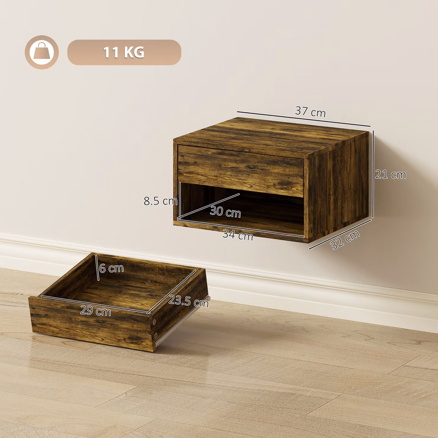 HOMCOM Set of Two Wall-Mounted Floating Bedside Tables in Rustic Brown – 3