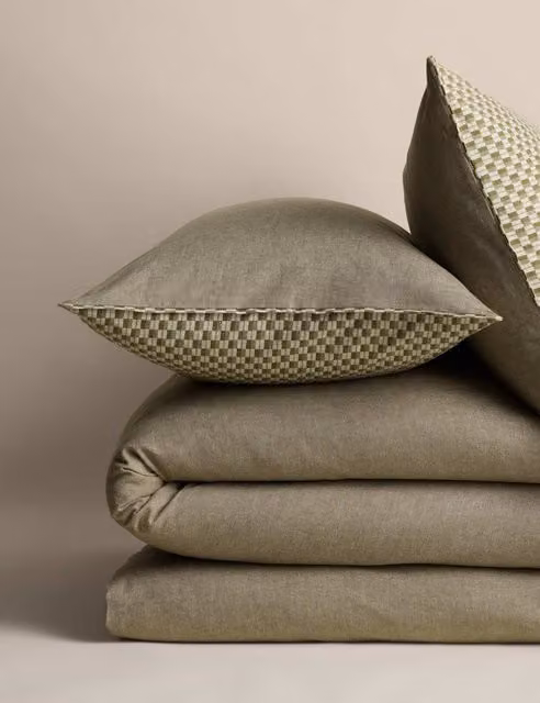 M&S Brushed Cotton Flannelette Geometric Printed Reversible Bedding Set, Green, W: 140 cm, L: 200 cm