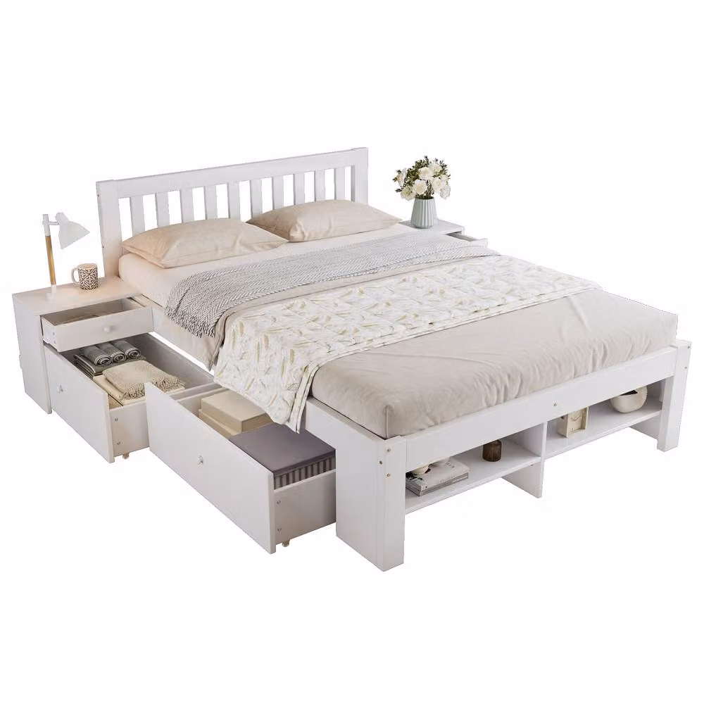 Matteo White Wooden Double Bed Frame with Storage Drawers and Bedside Shelves, W/D/H: 140 x 200 cm – 2