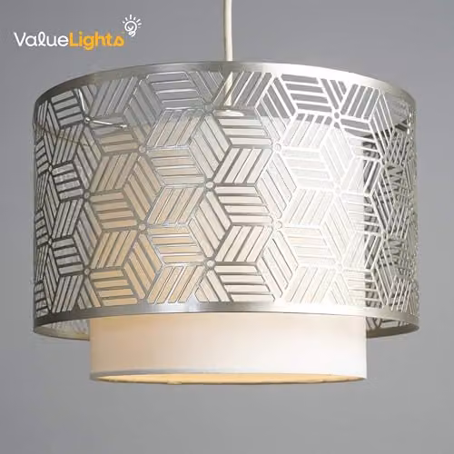 ValueLights Eugene Modern Cylinder Ceiling Pendant Shade in White and Grey, Shade Width: 32 cm – 2