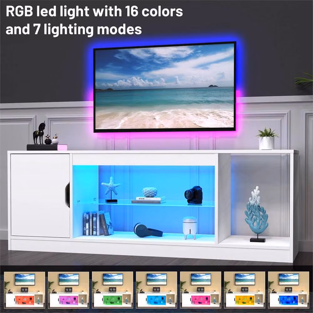 Nordara Modern White LED TV Stand with Integrated Lighting and Media Compartments, Width: 148 cm – 4