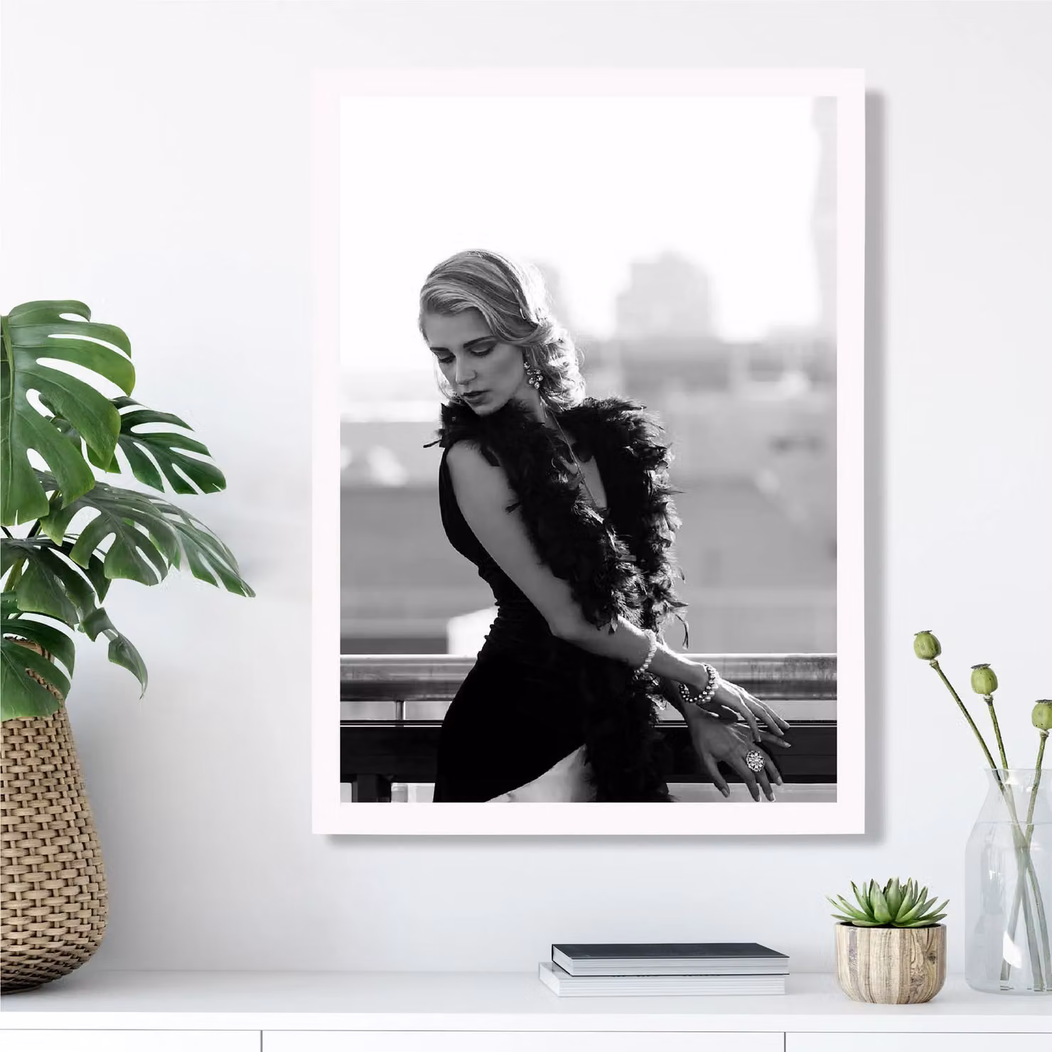ARTZE Woman on a Paris Balcony Black and White Fashion Photograph Framed Print in White Frame – 2