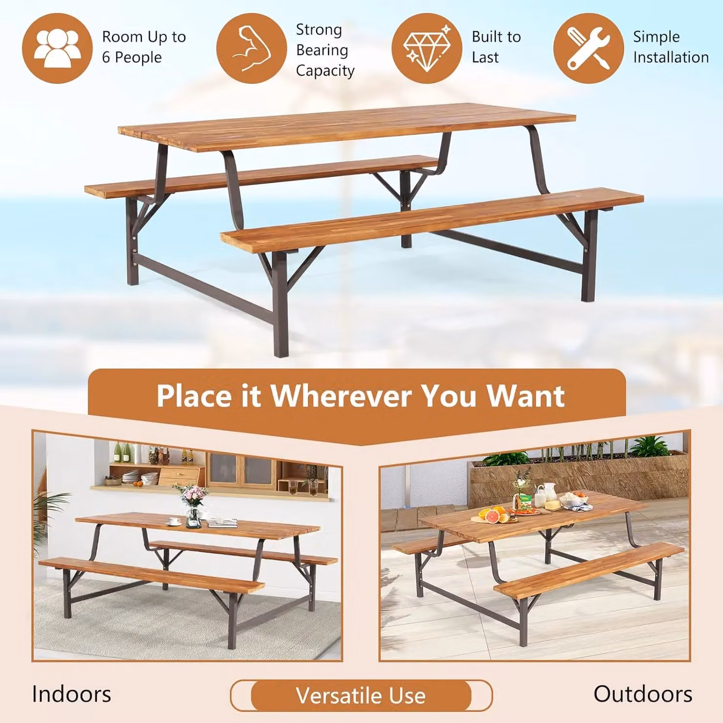 Gymax Picnic Dining Table and Bench Set in Brown Acacia Wood with Umbrella Hole – 3
