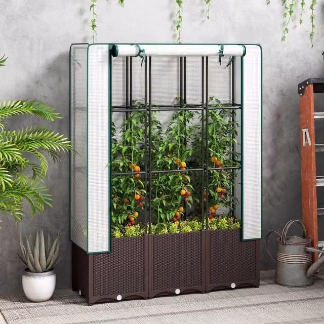 OUTSUNNY Brown Plastic Raised Bed Vegetable Planter with Trellis, W/D/H: 120 x 40 x 140 cm