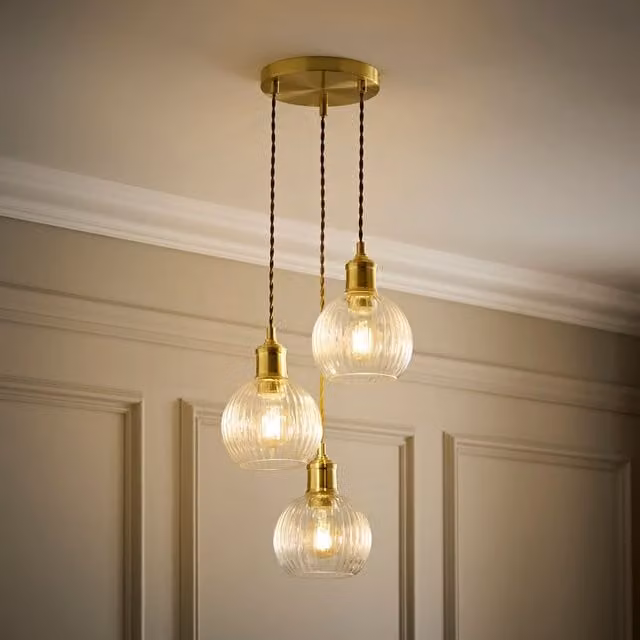 ValueLights Maddison 3-Drop Adjustable Ceiling Pendant Light with Clear Ribbed Glass Shades in Gold/Brass